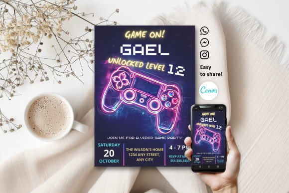 Video Game Party Neon Game on Invitation: Editable Canva Template